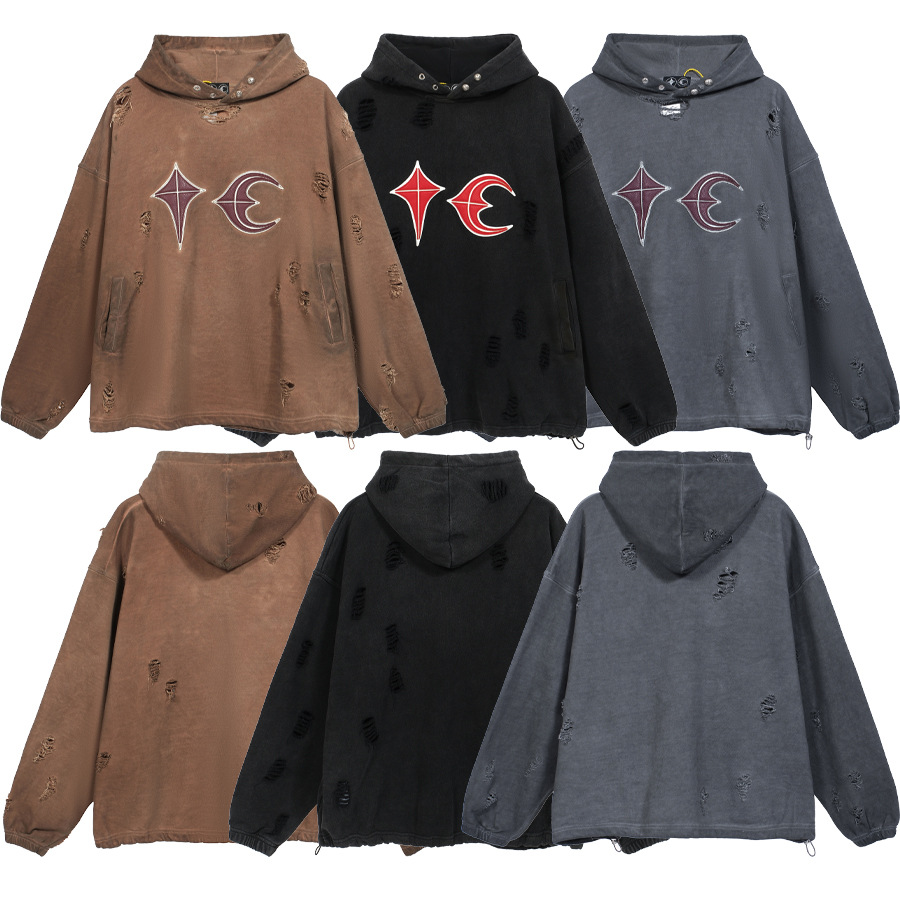 Desmontado Thug Club pu Jai fan mismo estilo pesado dañado lavado de cuero bordado hombres suéter con capucha moda