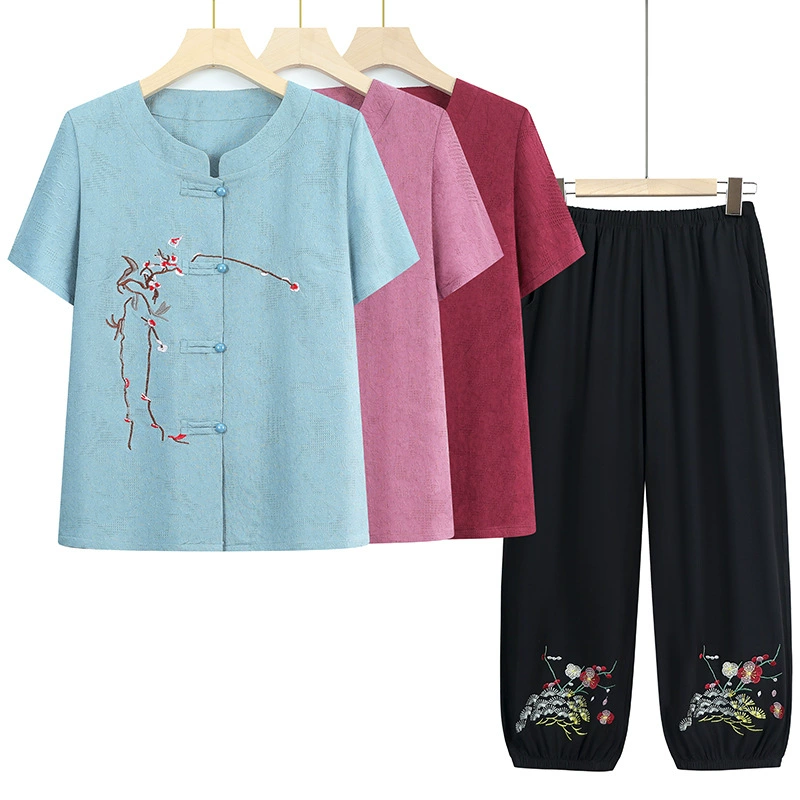 Среднего и пожилого возраста бабушка летняя одежда костюм хлопчатобумажная льняная девушка мама большой размер рубашка пожилая одежда вышивка костюм