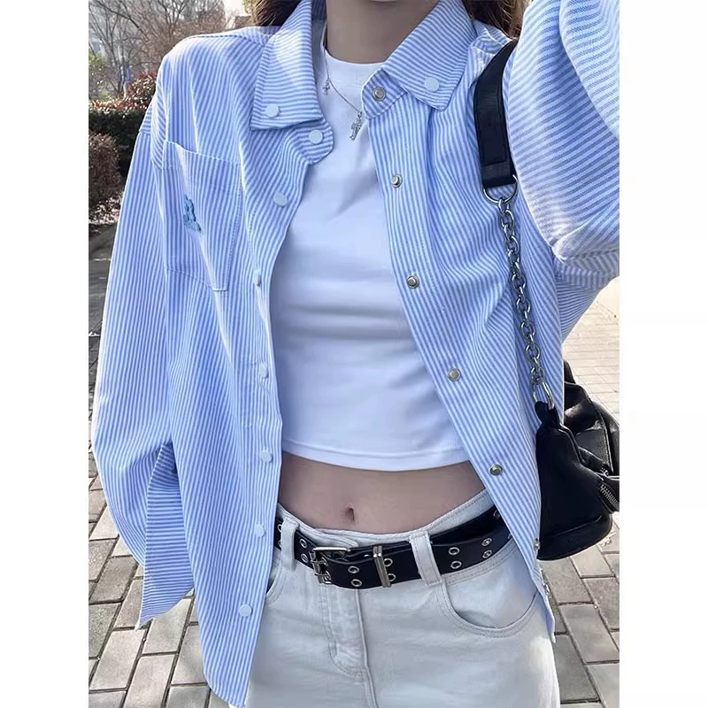 Хорошее качество 60 хлопчатобумажная синяя полосатая рубашка с длинными рукавами женская летняя вышивка свободная солнцезащитная рубашка пара куртка топ