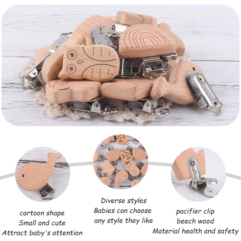 Suministros para bebés clip de chupete de haya clip de chupete animal de dibujos animados bebé calmante clip de madera de protección de seguridad de haya