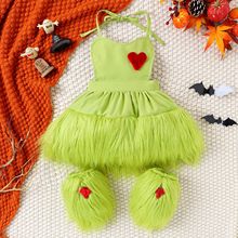 外贸创意Cosplay衣服女童绿色吊带毛毛连衣裙+脚套两件套婴儿套装