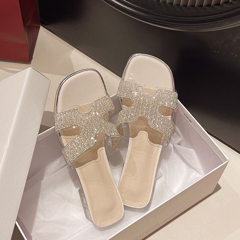 Korean Style Trendy Sandals with Open Toe and Outer Wear Square Non-Slip Shoes 2024 Summer Slippers with Transparent Casual Wedge Heels