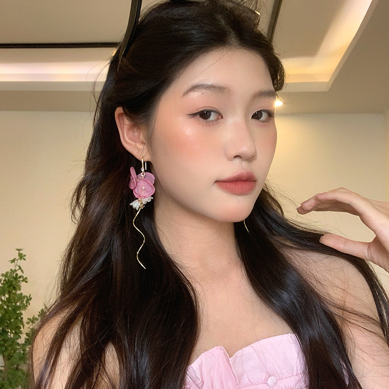 浪漫花语仙气粉色薄纱甜美花朵流苏耳环女小众高级感耳钉耳饰批发|undefined