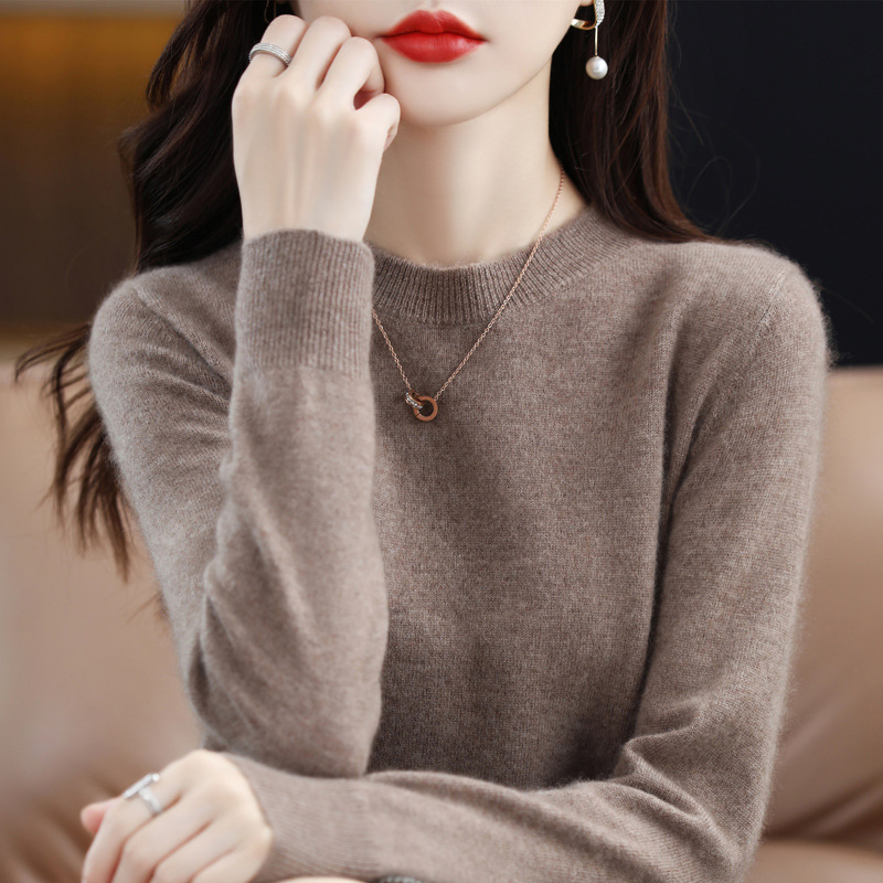 Nuevo otoño temprano cuello redondo 100 suéter de lana de las mujeres de moda simple flojo adelgazar punto manga larga que basa la camisa suéter de las mujeres