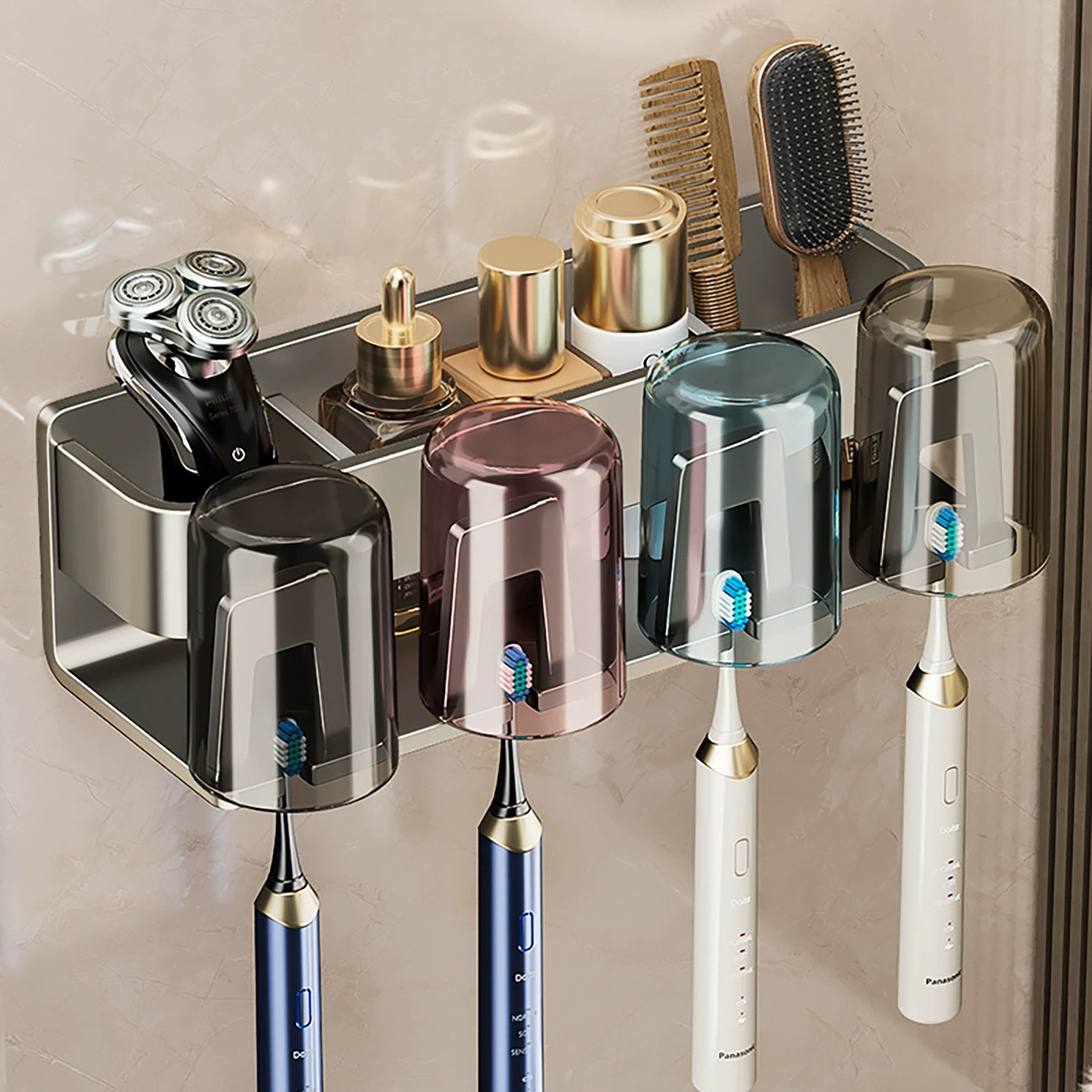 蓝藤 Punch-free gun toothbrush cup wall-mounted wall-mounted bathroom toothbrush home appliance rack toothbrush