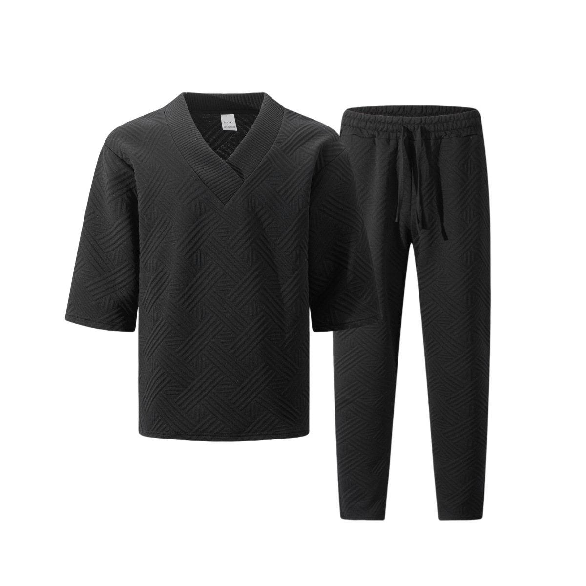 Men's Clothing Casual Short Sleeve V Neck Solid Color Jacquard Set American Style Summer Wear_viptrois.com
