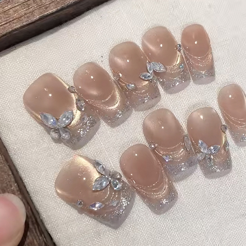 【Coral Butterfly】Purely Handmade Wearable Nails with a High-End Feel, Long Cat-Eye Nail Pieces with Butterfly Rhinestones, Fake Nail Stickers 【Coral Butterfly】Purely Handmade Wearable Nails with a High-End Feel, Long Cat-Eye Nail Pieces with Butterfly Rhinestones, Fake Nail Stickers