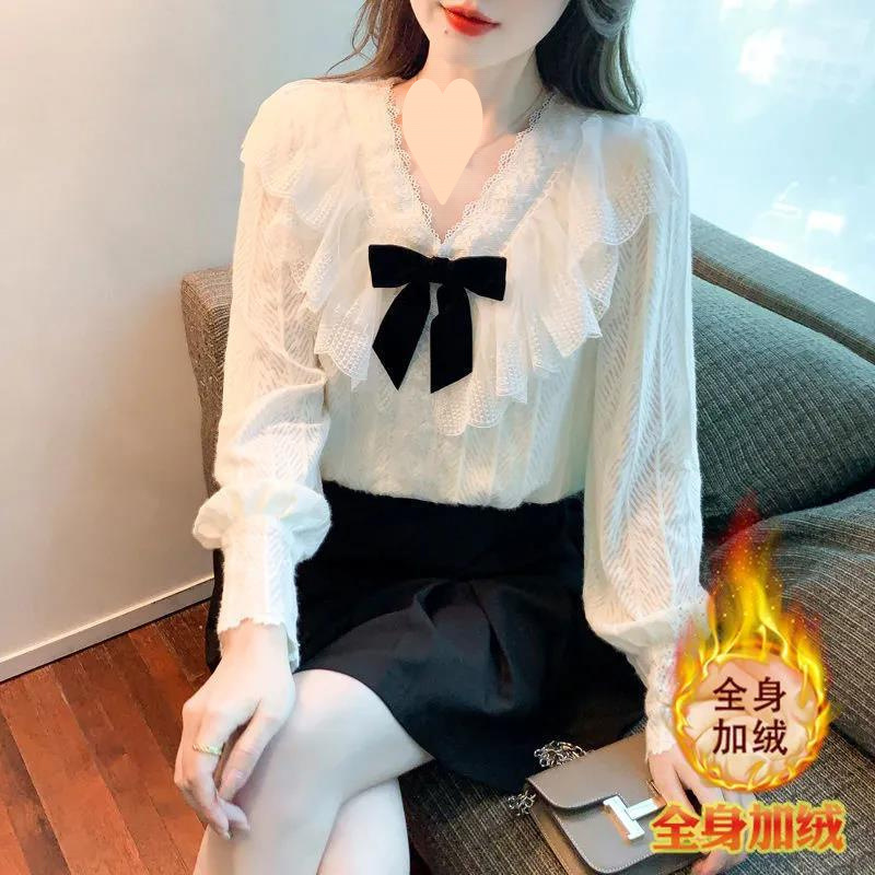 Spring design apricot fleece base lace silk shirt with bow
