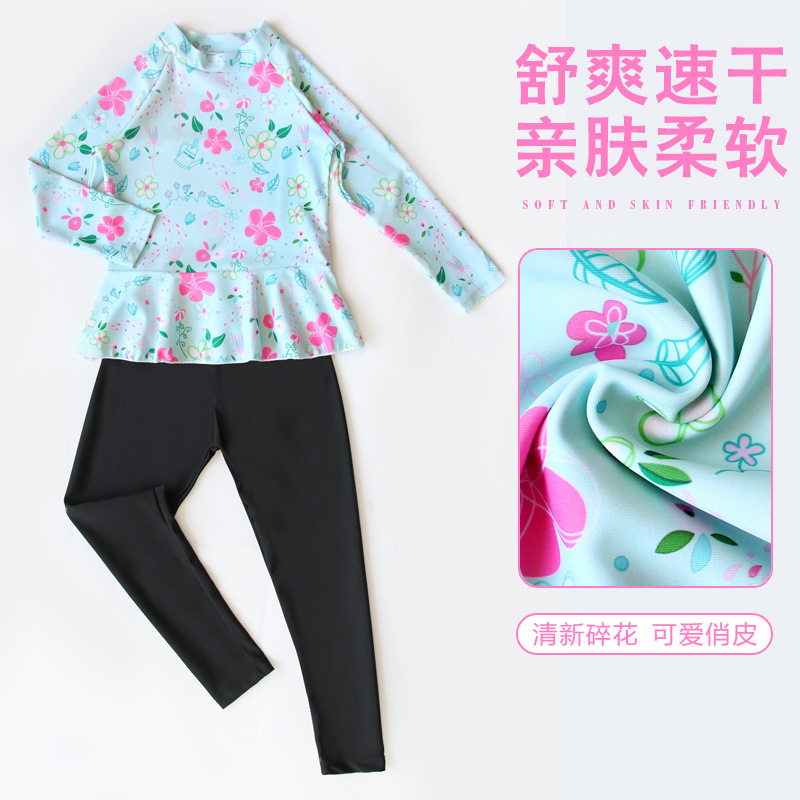 Children's Swimwear for Girls, Two-Piece Long-Sleeve and Long-Pants Sun-Protective Swimsuit, Cute Surfing Swimwear for Older Kids, Wholesale from Manufacturer