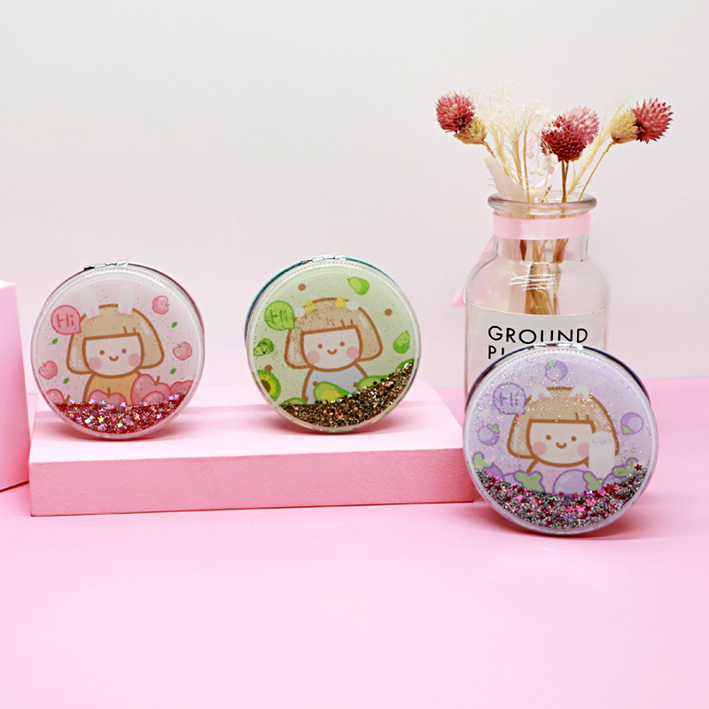 Venta al por mayor bolsillo portátil espejo cosmético portátil redondo plegable lindo doble cara chica corazón lentejuelas arenas movedizas pequeño espejo