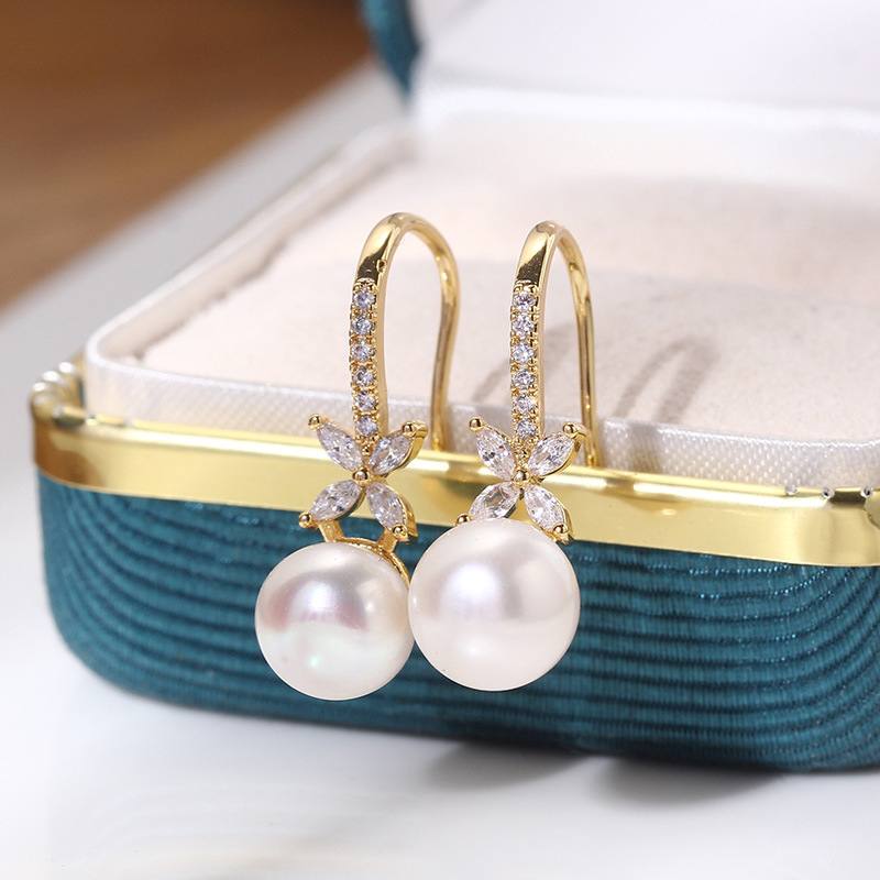 14K18K gold-plated real gold K gold craft freshwater pearl zircon earrings simple temperament women