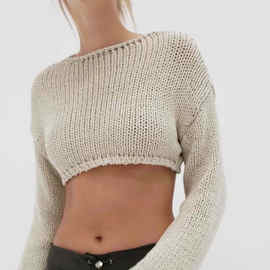 欧美跨境女装亚马逊2022秋冬新款长袖短款打底毛衣性感露脐针织衫