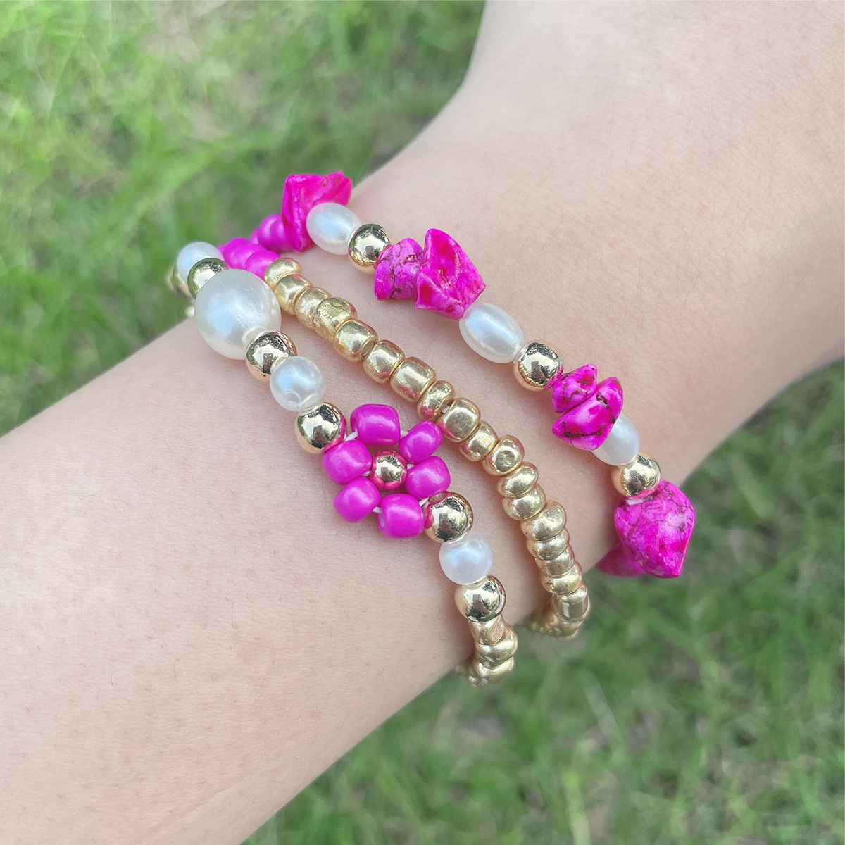 Twin Wind Flowers Beaded Plastic/Resin No Inlaid Bracelets Jewelry 3 Pieces