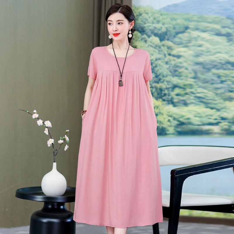 Summer Middle-aged and Elderly Women's Cotton Silk dress Fattening plus size Loose Mother's Short-sleeved Home Clothes Nightdress for Outer Wear Summer Middle-aged and Elderly Women's Cotton Silk dress Fattening plus size Loose Mother's Short-sleeved Home Clothes Nightdress for Outer Wear