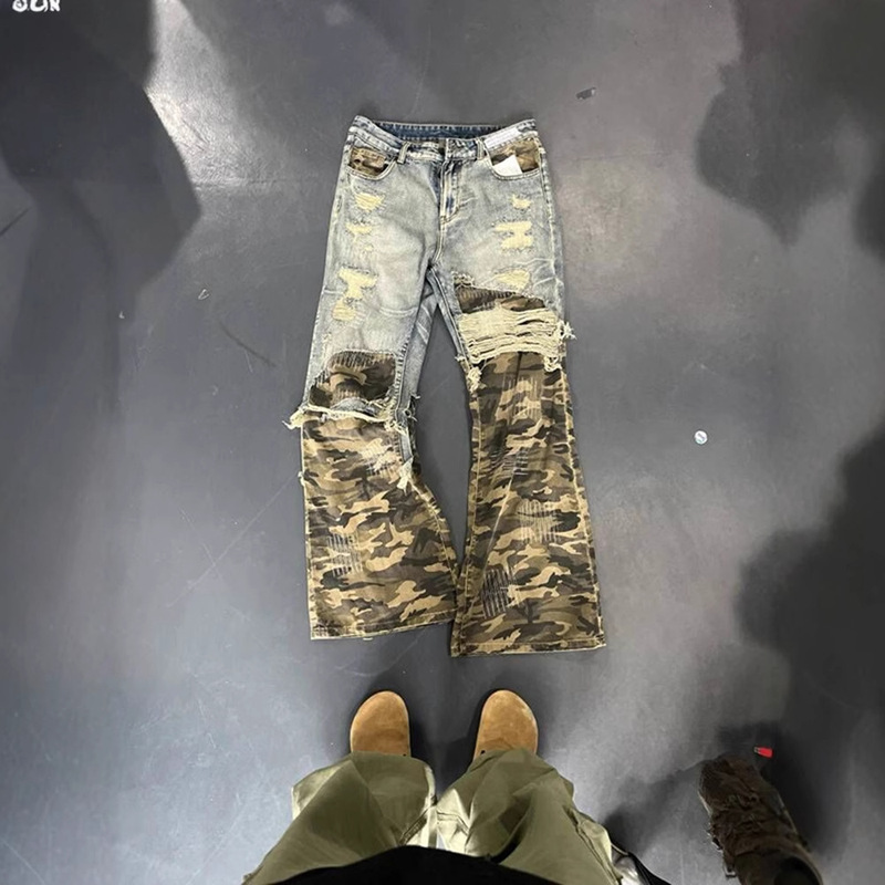 American Retro Fake Two-piece Pants Design Sense High Camouflage Stitching Jeans Men's cleanfit Straight Leg Pants