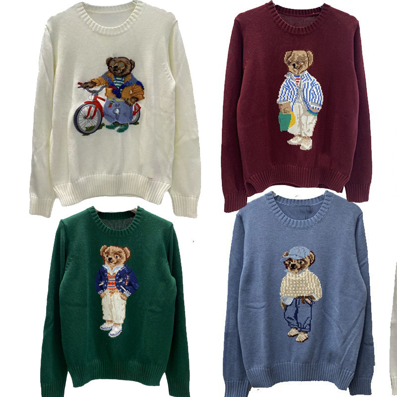 In-Stock Embroidered Jacquard Cartoon Bear Pattern Knit Sweater Top for Women, High-Quality Autumn and Winter Women's Clothing Factory