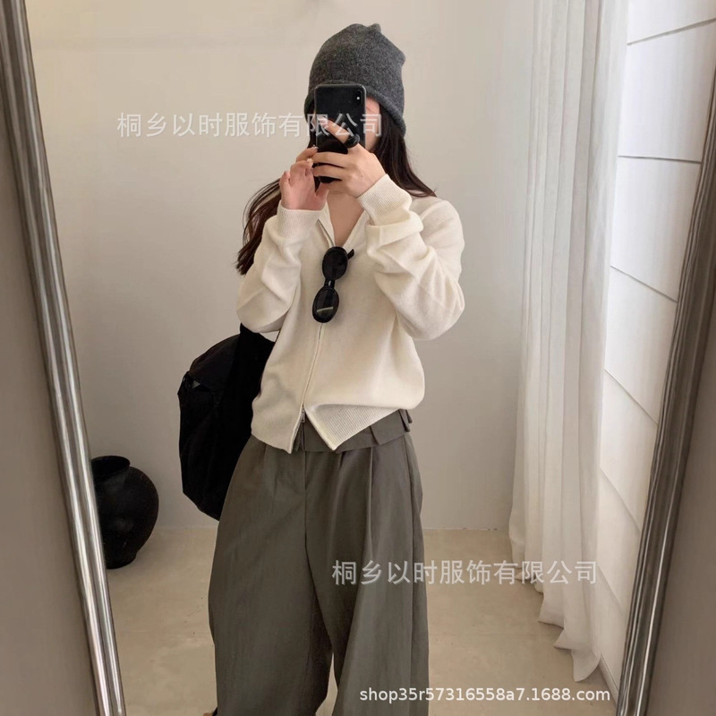 以时 25秋冬新款百分百全羊毛针织小开衫 森系连帽双头连外套 女|undefined