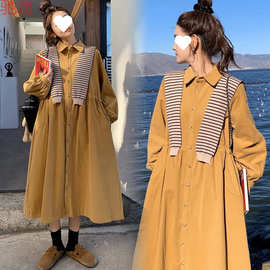 H8A超大码孕妇披肩衬衫连衣裙春秋时尚过膝长裙a字