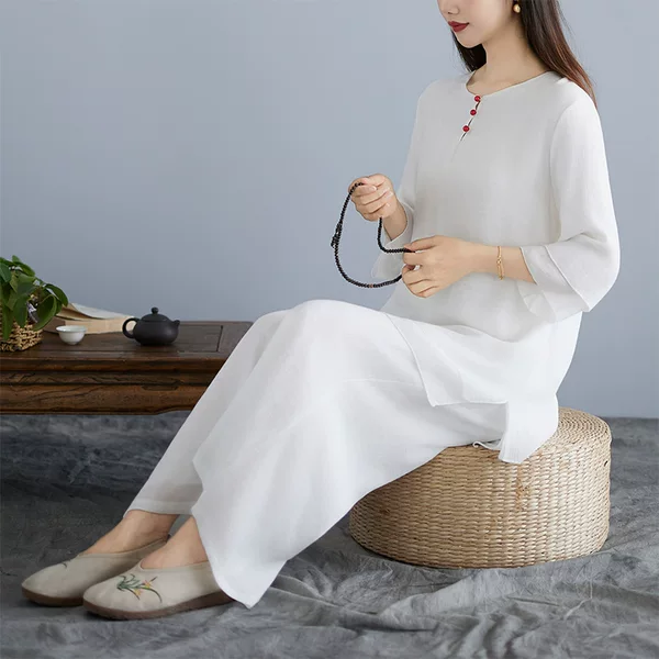 Summer New Retro Ethnic Style Improved Artistic Casual Zen Clothing Tea Wear Three-Quarter Sleeve Top + Wide-Leg Pants Set