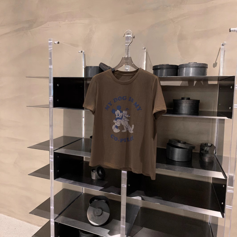 Nanyou High Quality Retro Coffee Color Cartoon Mickey Round Neck Short-Sleeved T-Shirt Women's Letter Printed Casual Top Trendy