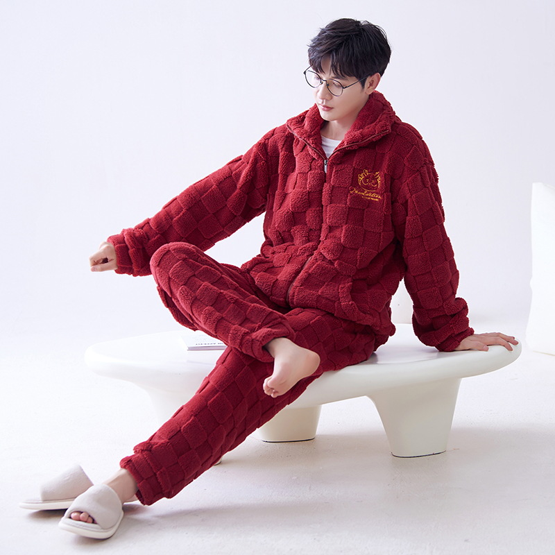 Pijamas de franela los hombres del otoño y el invierno collar soporte caliente juventud coral fleece homewear traje se puede usar fuera