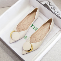 Single Shoes for Women 2024 New Metal Buckle Soft Leather Pointed Boat Shoes Flat Bottom Ladle Shoes Large Women's Shoes 41-43