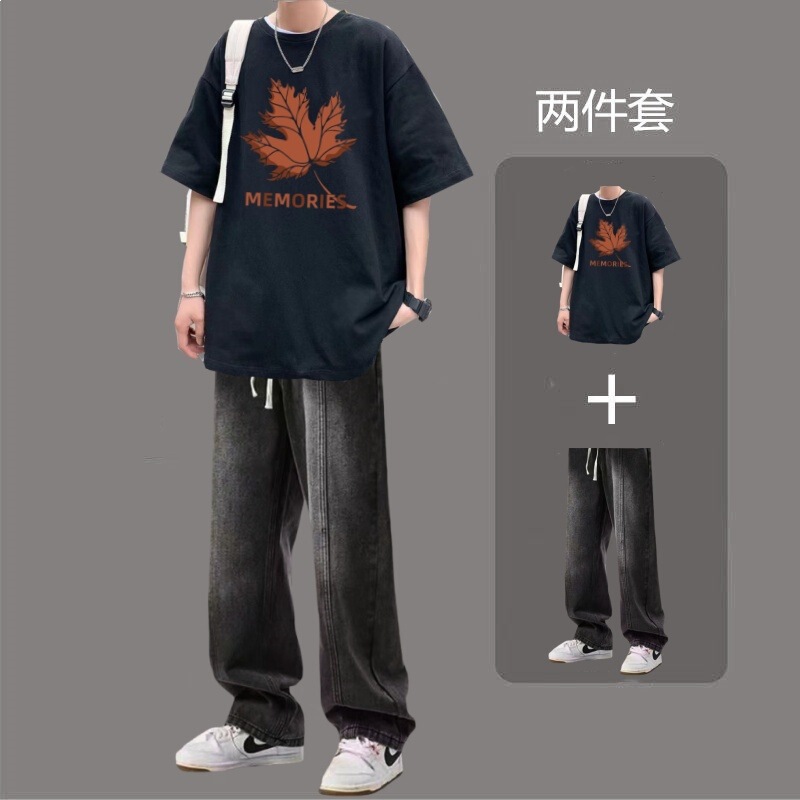 Summer Hong Kong Style Outfit: Short-Sleeved Men's Straight Loose Denim Pants, Trendy Brand Set with Stylish Half-Sleeve Suit Summer Hong Kong Style Outfit: Short-Sleeved Men's Straight Loose Denim Pants, Trendy Brand Set with Stylish Half-Sleeve Suit
