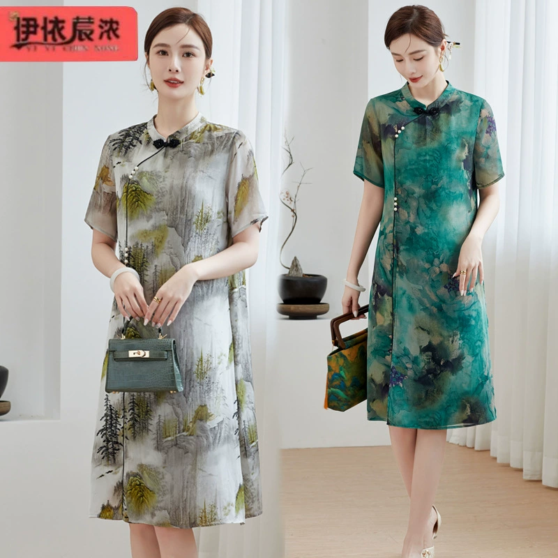 50-летняя мама летнее платье с короткими рукавами поддельные две печатные модели среднего и пожилого женского темперамента новый национальный стиль юбка