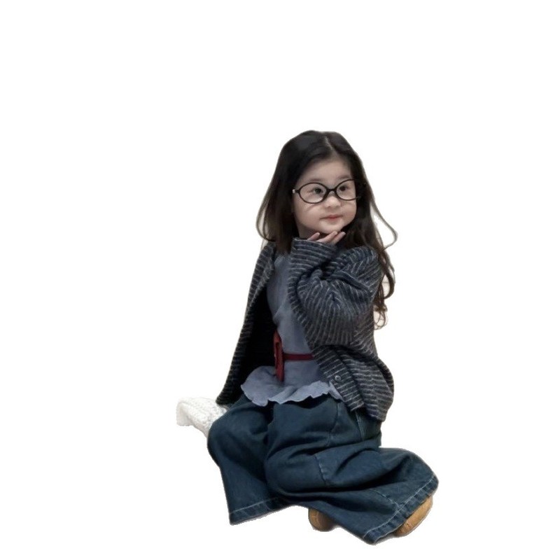 韩版童装2025秋季新款女宝宝条纹开衫花边打底衫牛仔阔腿裤三件套|undefined