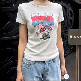 BM风美式复古恐龙滑板印花短袖T恤女 bm圆领修身显瘦纯欲正肩上衣