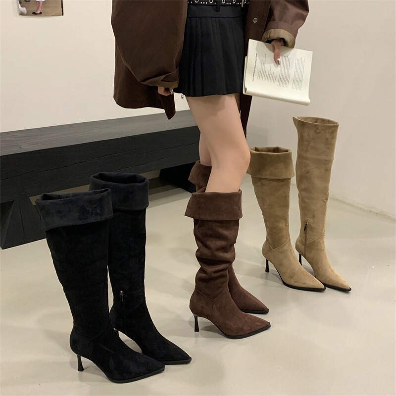 Miting long-legged pointed-toe stiletto high-heeled slim boots for autumn and winter, suede with foldable collar, multi-wear over-the-knee long boots for women Miting long-legged pointed-toe stiletto high-heeled slim boots for autumn and winter, suede with foldable collar, multi-wear over-the-knee long boots for women