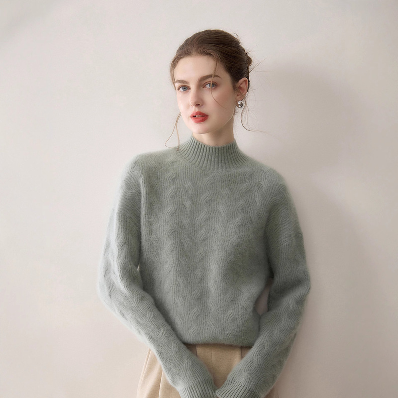 Seven-Stitch Double-Twist 100% Pure Cashmere Women's Half-Turtleneck Knit Base Sweater, Loose and Slimming, Thickened Sweater
