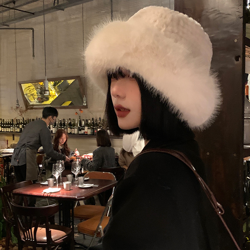 Gorro de felpa blanco para mujer en invierno, versión coreana, que muestra cara pequeña, calidez espesa, gorro de pescador, cabeza grande,_voghion.com
