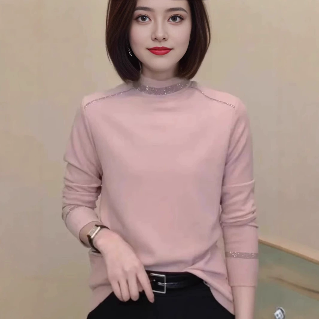 Осень и зима новый сплошной цвет горячего бриллианта модный темперамент дизайн женская футболка тонкая повседневная рубашка с длинным рукавом