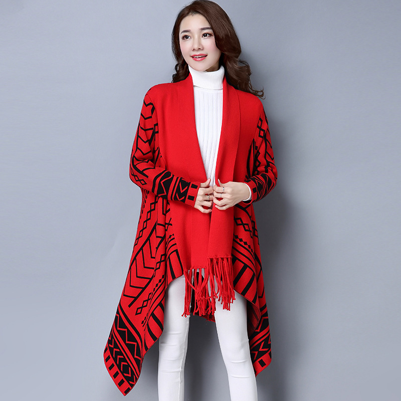 Fringed Poncho Shawl Sweater Coat Women's Spring and Autumn Women's Graphic Cardigan Knitwear Mid-length Autumn and Winter Cloak Fringed Poncho Shawl Sweater Coat Women's Spring and Autumn Women's Graphic Cardigan Knitwear Mid-length Autumn and Winter Cloak