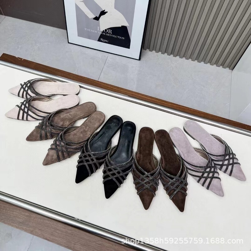 High Version 2025 New Suede Pointed Toe Beaded Chain Cross Flats Slip-On Toe Half Drag Mule Slippers for Women High Version 2025 New Suede Pointed Toe Beaded Chain Cross Flats Slip-On Toe Half Drag Mule Slippers for Women