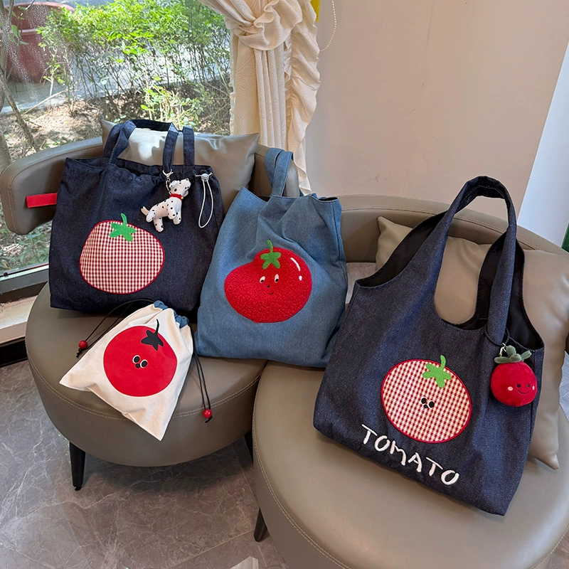 新品韩系复古牛仔包托特包大容量刺绣番茄单肩腋下包包