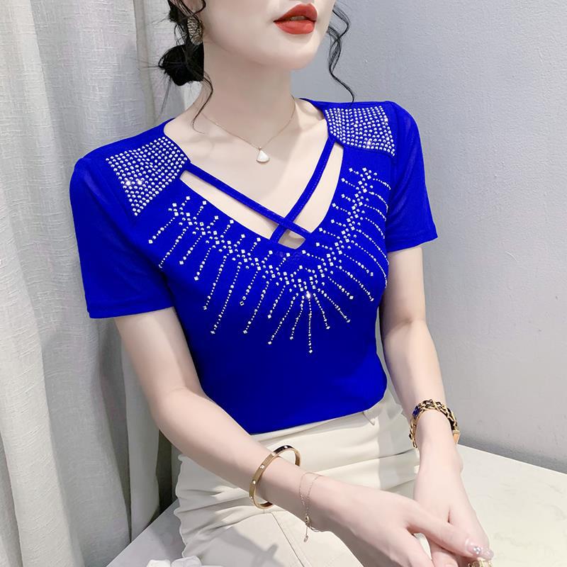 实拍2023夏季新款网纱时尚交叉镂空烫钻百搭显瘦短袖打底衫女上衣