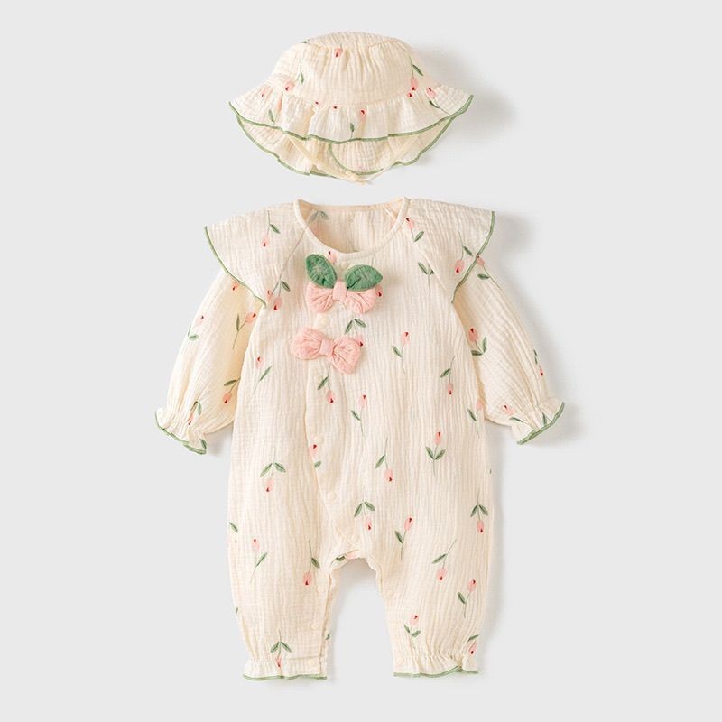 Estilo princesa infantil primavera y otoño pastoral floral con capucha mono de manga larga bebé super lindo mameluco ropa exterior