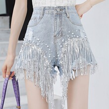 毛边破洞钉珠牛仔短裤女夏季2025新款流苏亮片显瘦宽松阔腿a字裤