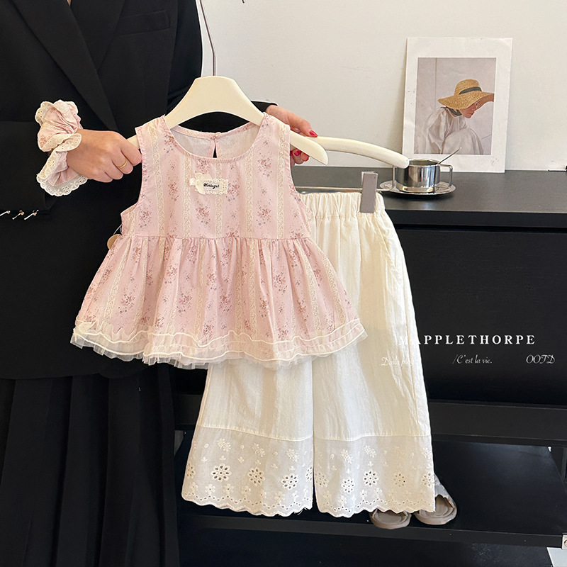 Girls Vest Suit Summer New Baby Girl Lace Wide-Leg Pants Two-Piece Set Thin Sweet Summer Dress Trendy Girls Vest Suit Summer New Baby Girl Lace Wide-Leg Pants Two-Piece Set Thin Sweet Summer Dress Trendy