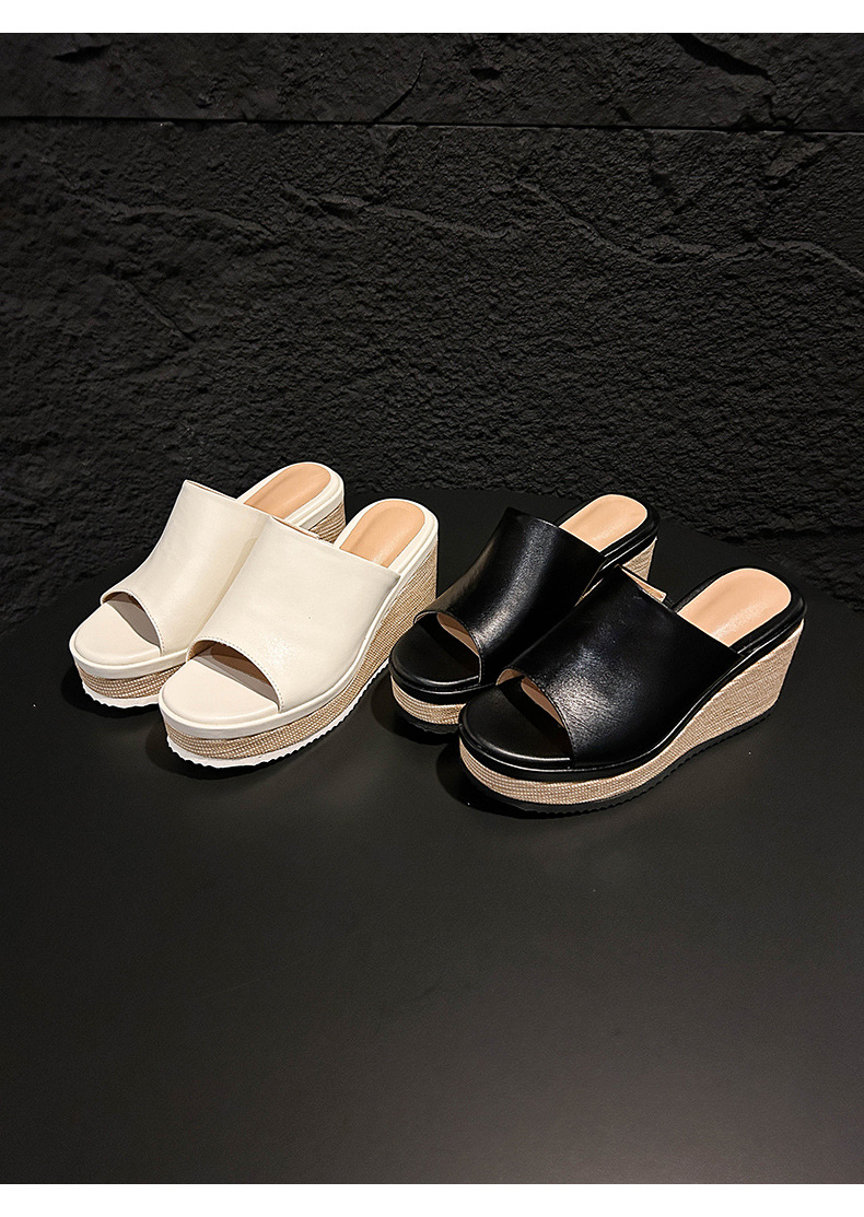 Sandal cao gót nữ mũi hở đế xuồng bọc cói phong cách La Mã — màu đen, màu trắng ngà chi tiết 14