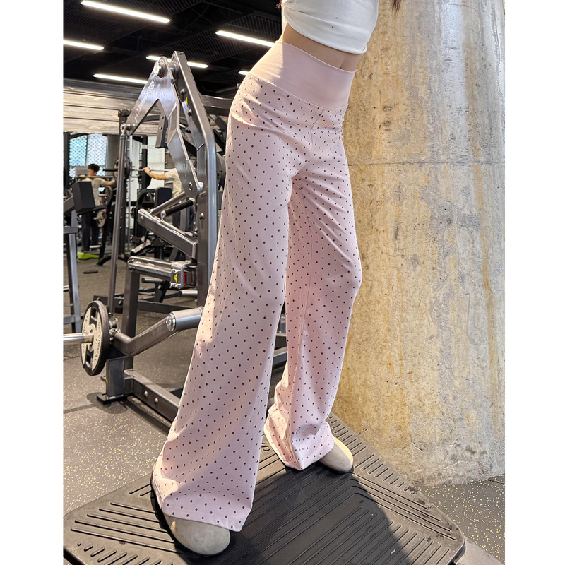 Pink American-style polka dot flared pants for women, summer 2026 new product, slightly elastic yoga pants, ice silk slimming sports flared pants Pink American-style polka dot flared pants for women, summer 2026 new product, slightly elastic yoga pants, ice silk slimming sports flared pants
