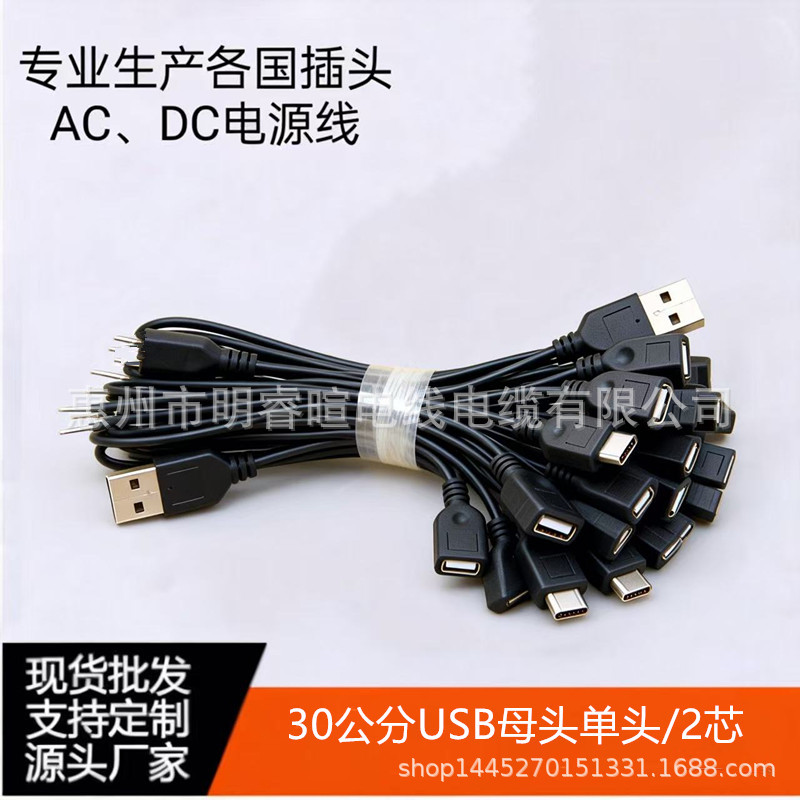 USB短单头线两芯单母头30cm 全铜USB超粗两芯供电线2a电流