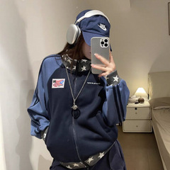 美式高街藏青色星星立领拉链卫衣男女春秋款设计感运动风开衫外套