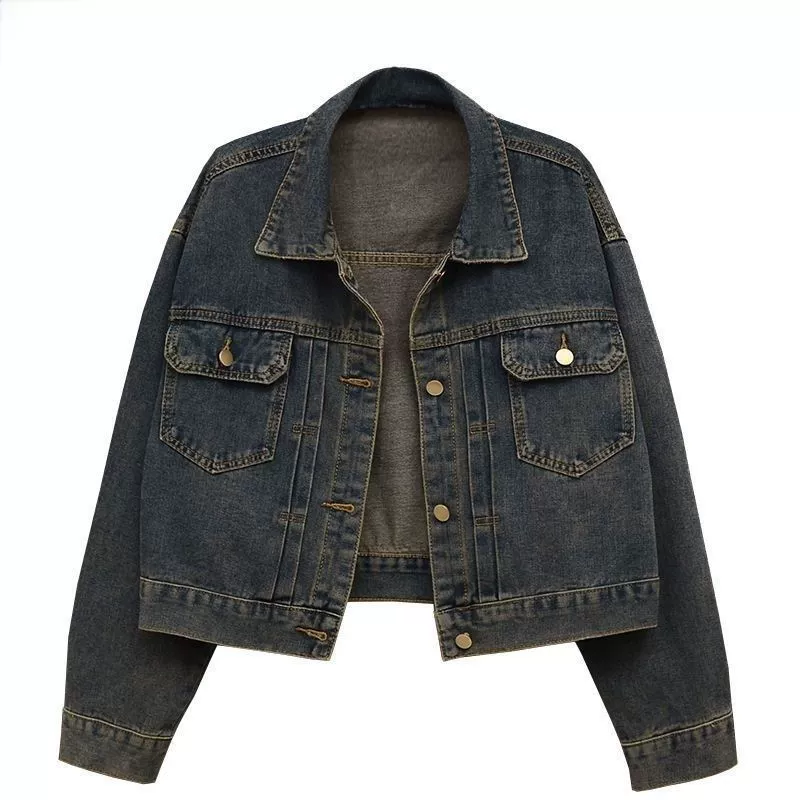 Retro dark blue denim autumn jacket, oversize