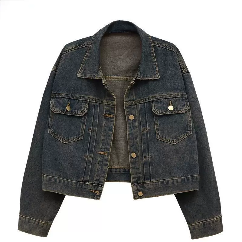 Retro dark blue denim autumn jacket, oversize