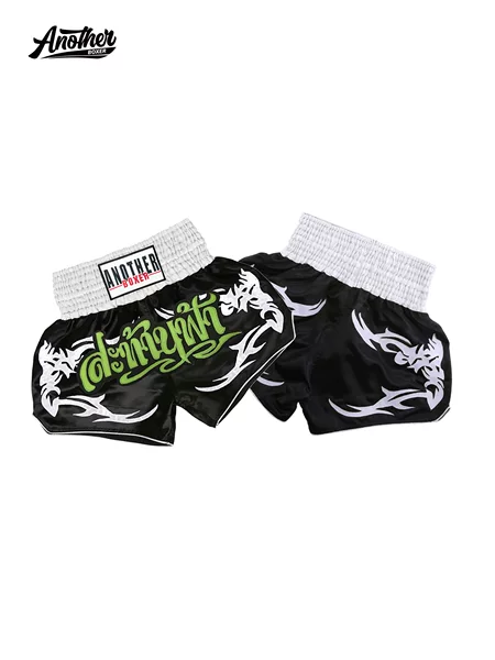 ANOTHERBOXER black Muay Thai pants, combat shorts, leather embroidery, shiny finish