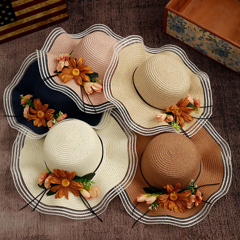 420g Weight Straw Hat Hats Type Beach Occasion Women's Elegant Basic Flower Patchwork Flat Eaves Straw Hat