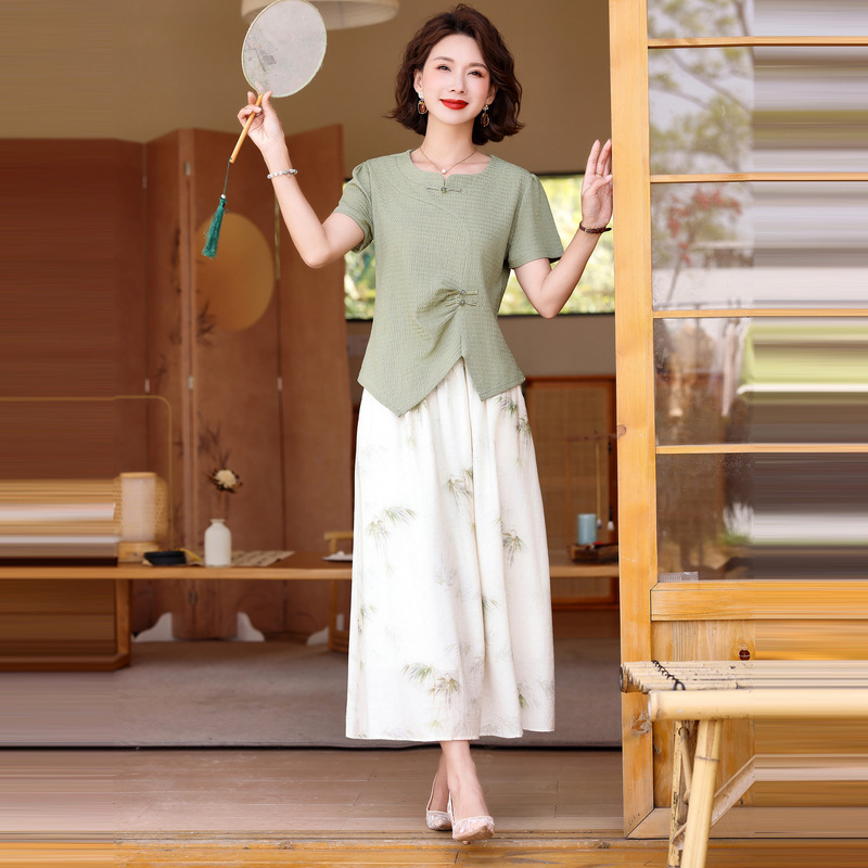 Young Mother's Summer Dress National Style suit Skirt Small Foreign Elegant Middle-aged Short-sleeved Top Two-piece Set